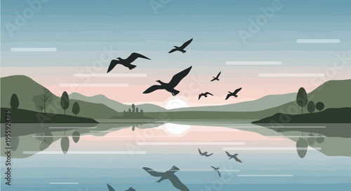 Serene lakeside dawn scene with silhouetted birds soaring above tranquil waters reflecting the sky's soft hues a peaceful morning panorama landscape