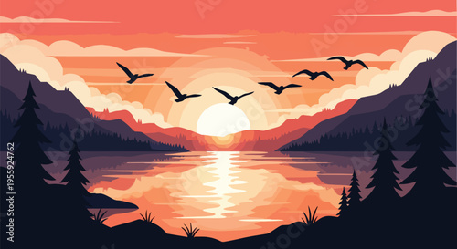 A breathtaking golden hour panorama featuring majestic mountain ranges, serene lake reflections, and silhouetted birds gracefully soaring across the