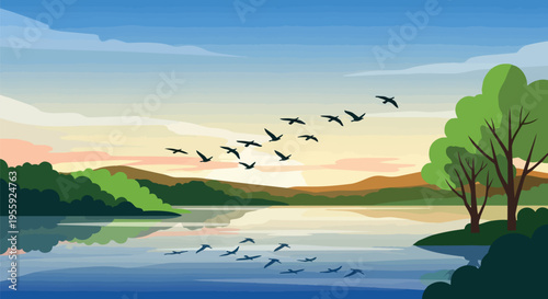 A serene landscape vector illustration at sunrise, featuring migratory birds soaring above a tranquil lake reflecting warm sky hues, bordered by