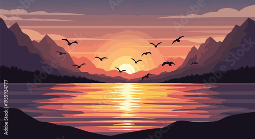 Vector landscape showing serene golden hour over a tranquil lake framed by majestic mountains with a dynamic flock of birds silhouetted against the