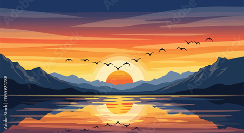 A captivating illustration depicting the serene moment of sunrise or sunset over a reflective lake, framed by majestic mountains and active birds in