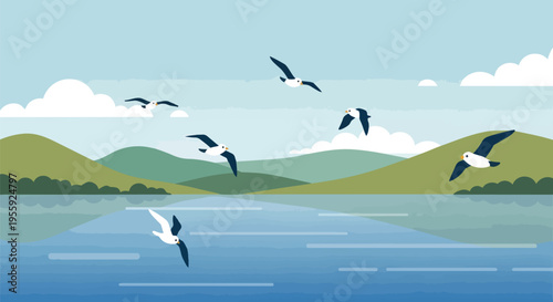 Serene flat design illustration of seagulls flying over a tranquil lake with distant green hills under a calm blue sky and scattered clouds