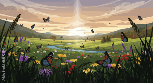 Colorful meadow landscape with numerous butterflies, wildflowers, river, and hills at sunset.