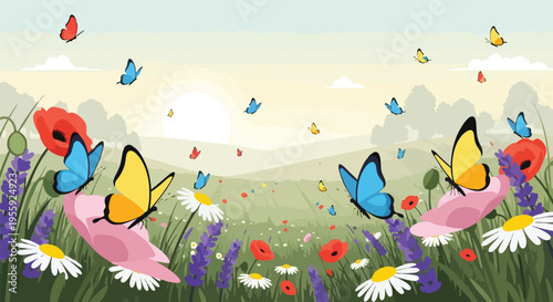 A lively springtime meadow scene with numerous colorful butterflies fluttering and resting on red poppies lavender and white daisies under a bright