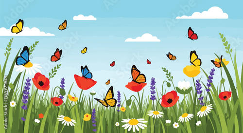 An enchanting illustration of a vibrant spring meadow scene brimming with diverse wildflowers and numerous colorful butterflies gracefully