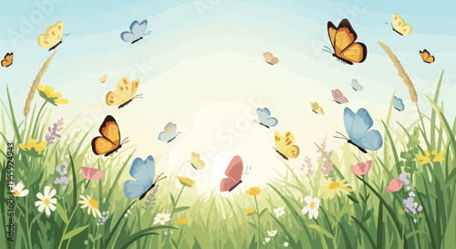 Vibrant spring meadow scene filled with dancing butterflies and blooming wildflowers under a clear sky watercolor illustration