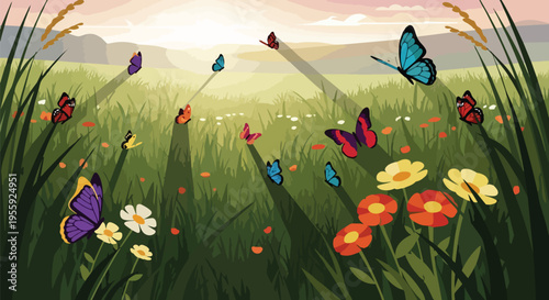 A vibrant field scene teeming with colorful butterflies dancing gracefully among blooming wildflowers under a soft pastel sky at dawn or dusk