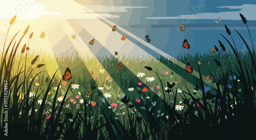 Sunlit meadow teeming with diverse wildflowers and graceful butterflies under golden rays
