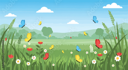 A vibrant springtime field illustration featuring numerous colorful butterflies gracefully fluttering above a lush green carpet of grass and