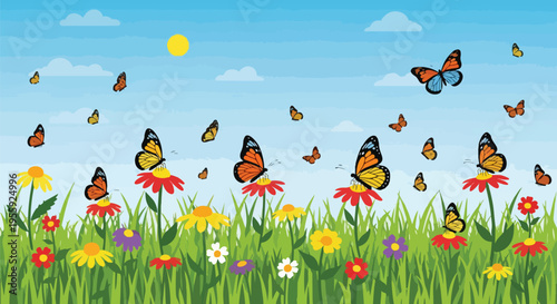 A serene and colorful spring meadow teeming with vibrant butterflies fluttering gracefully among diverse wildflowers under a bright sunny sky and