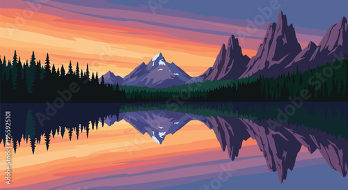 Vibrant sunset hues paint the sky above a serene mountain lake, mirroring lush forests and majestic peaks in a breathtaking tranquil natural scene