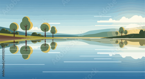 Flat design landscape illustration: serene lake reflects verdant trees, rolling hills, vast blue sky, soft clouds. Evokes calm, natural harmony,