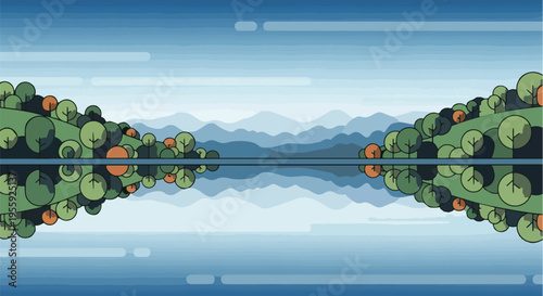 Stylized natural panorama with tranquil water reflection and distant mountains under a serene sky. A calming symmetrical graphic landscape artwork