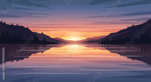 A tranquil lake reflects the vibrant hues of a breathtaking sunset between rolling mountains and lush evergreen forests creating a serene vector art