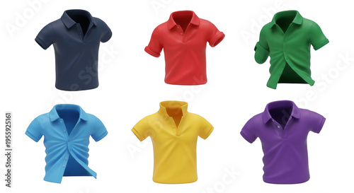 assortment of colorful polo shirts in various states isolated on a white backdrop for apparel design and marketing