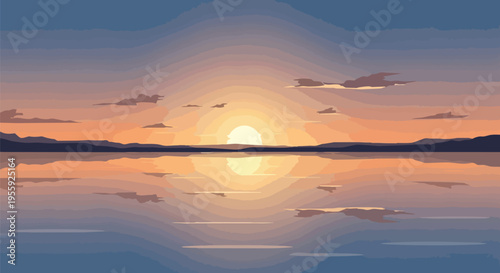 A breathtaking pixelated panorama of a tranquil lake reflecting the golden hues of a setting sun, silhouetted mountains completing the serene