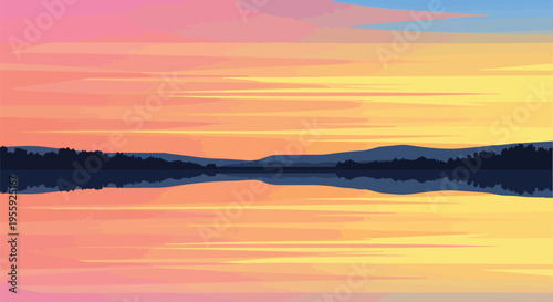 A stunning pixelated twilight reflection scene showcasing vibrant colorful horizons across tranquil waters with distant silhouetted landscapes