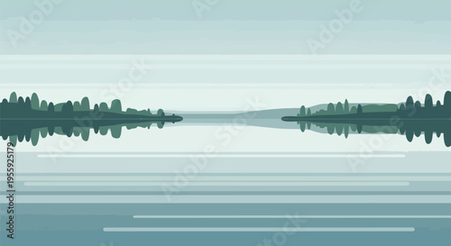 A tranquil minimalist flat design landscape showing a calm lake reflecting distant, stylized treelines under a soft, muted sky, creating a serene