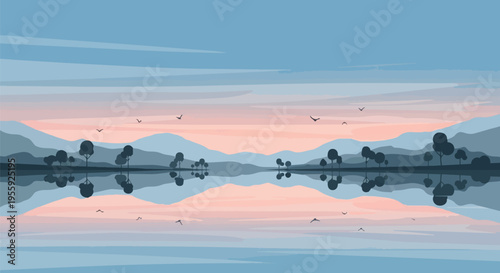 A tranquil dawn over a serene mountain lake with soft pastel skies reflecting perfectly on the still water surface and graceful birds in flight
