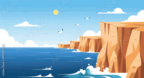 Coastal tranquility featuring majestic sunlit bluffs overlooking an expansive deep blue ocean with frothy waves under a vast clear sky and graceful