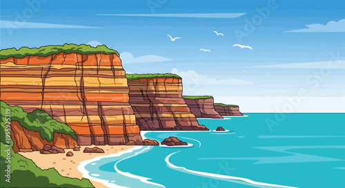 Vibrant cartoon illustration of a breathtaking coastal panorama, showcasing towering layered cliffs, a pristine sandy beach, and the serene azure