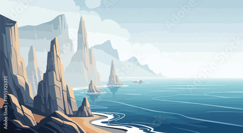 Stylized coastal scene with rugged cliffs and serene ocean waters under a tranquil sky, rendered in flat vector art.