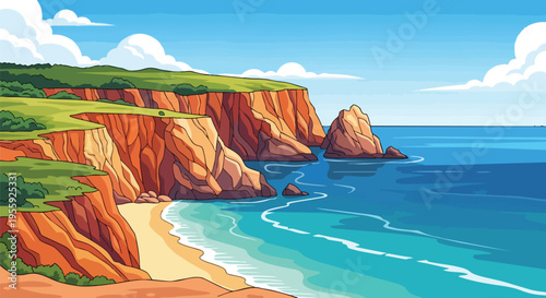 Vibrant coastal vista showcasing majestic orange cliffs overlooking a serene turquoise ocean with a pristine sandy beach under a clear blue sky and