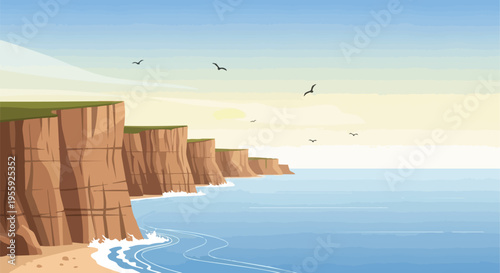 Serene coastal cliffs overlooking tranquil blue ocean waters with a sandy beach and soaring seagulls under a clear sky peaceful natural vista