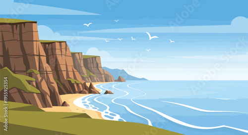 Vibrant artwork showing coastal cliffs, sandy beach, serene blue ocean waves, and seagulls flying under a clear sky. This idyllic scene captures