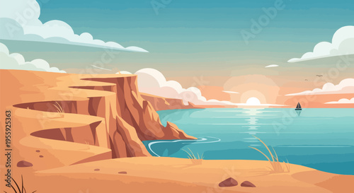 Captivating tranquil coastal panorama with majestic sun-drenched cliffs meeting serene turquoise ocean waters under a vibrant sunset sky, a lone