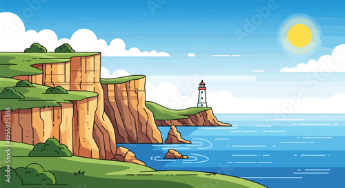 Coastal panorama: vibrant vector illustration of majestic cliffs, green tops, an iconic lighthouse, calm blue ocean, bright sun, clear sky. Tranquil