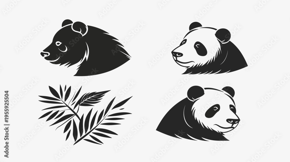 Obraz premium Four black and white illustrations panda heads and bamboo