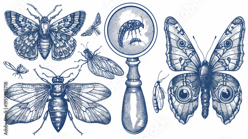 Blue vintage ink drawing of various insects including butterflies and a magnifying glass