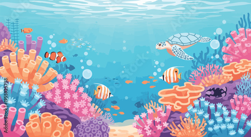 Vibrant coral ecosystem teeming with diverse marine life under clear blue waters