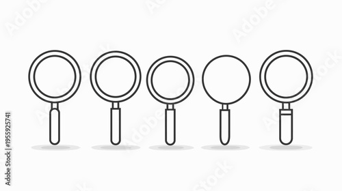 Five magnifying glass line art icons with shadows over a white background in a row