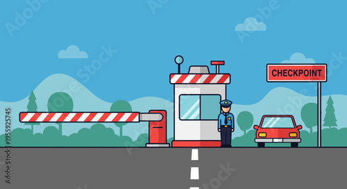 Man standing at toll booth gate.