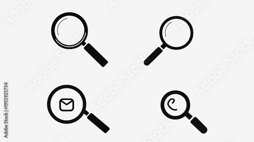 Four black magnifying glass icons on a white background, each with different symbols