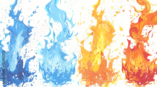 Colorful flames transition from watery blue to vibrant orange on a white background