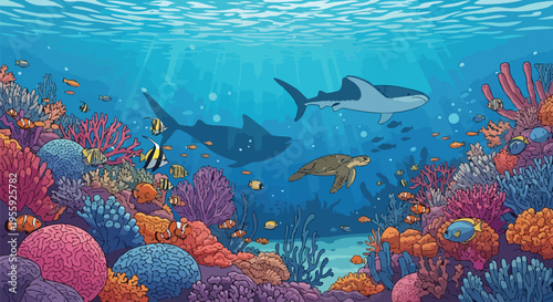 Vibrant coral reef ecosystem with sharks and a sea turtle. Colorful fish swim among diverse corals under sunlit ocean waves, showcasing rich marine