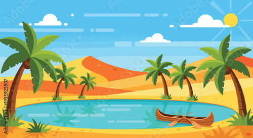 Vibrant desert oasis scene featuring tall palm trees, a serene blue pond with a small canoe and paddles, and golden sand dunes under a clear, sunny