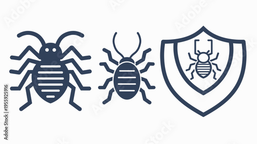 Dark blue icons of insect pests two bugs and one bug within a shield on white