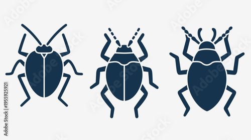 Three minimalist beetle icons with varied antenna configurations, navy on white