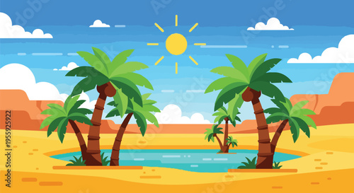 Illustrative desert oasis under a brilliant sun, with vibrant palm trees guarding a serene water body