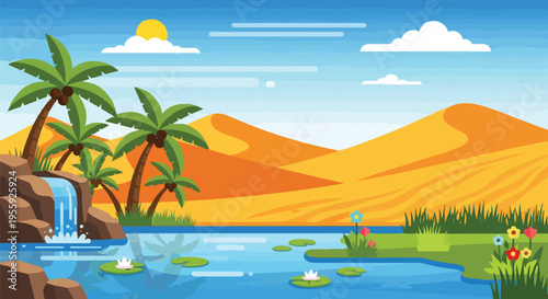 Vibrant desert oasis illustration with palm trees and a refreshing waterfall