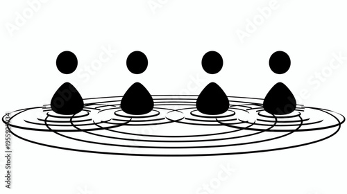 Abstract black human figures connected by circular lines against a white background