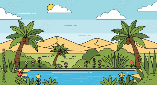 Vibrant desert oasis scene with lush palm trees, serene water, and rolling sand dunes under a clear sky, offering a refreshing and peaceful natural