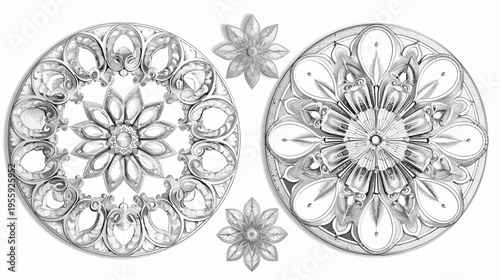 Two floral circular patterns and two individual flowers in gray watercolor design