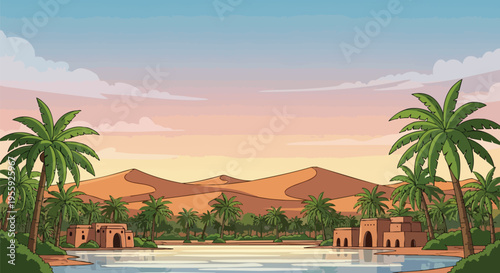 Vibrant cartoon desert oasis landscape with shimmering water, abundant palm trees, and quaint adobe structures under a warm twilight sky, evoking