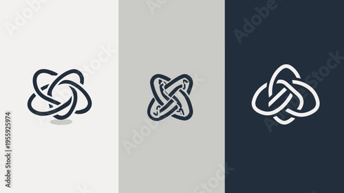 Knotted Loops.
Description A triptych of intertwined looping shapes in navy and white against varied backgrounds