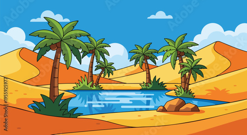 Vibrant cartoon desert oasis illustration with palm trees and a shimmering blue pond under a clear sky